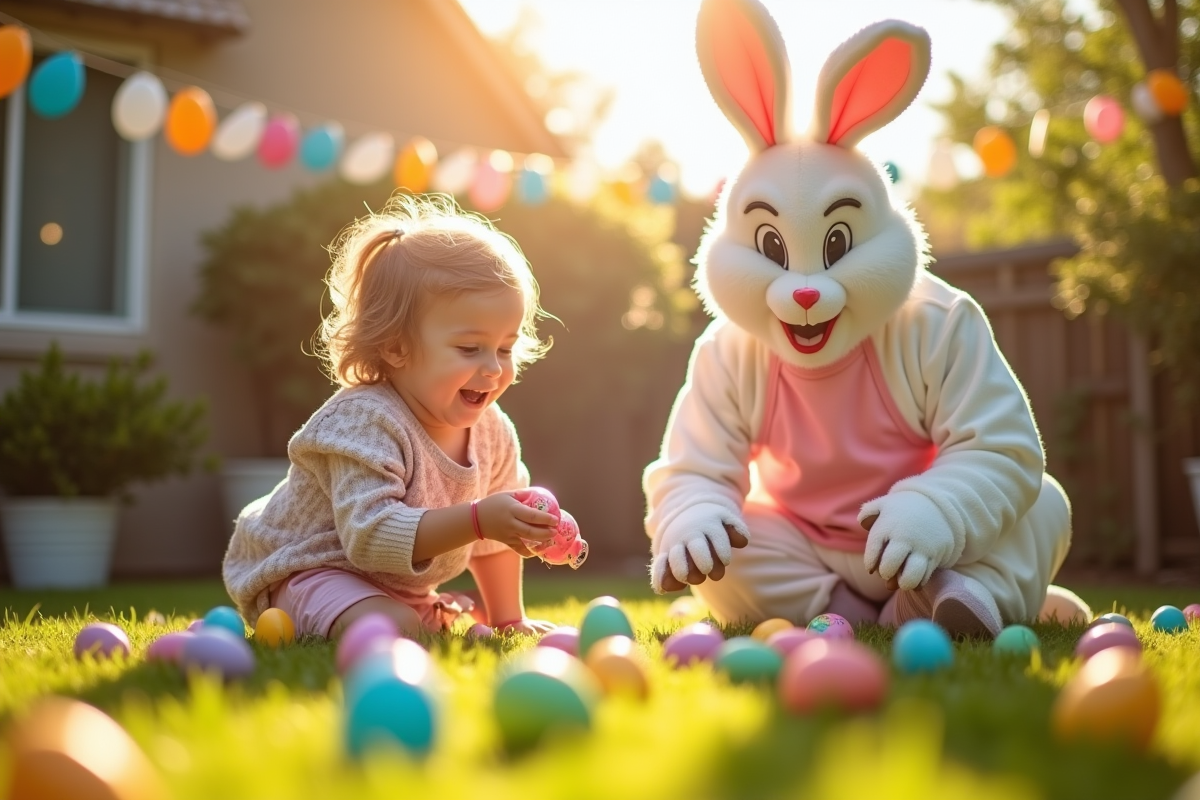Enfants cherchant des œufs colorés lors d'une fête de Pâques en plein air