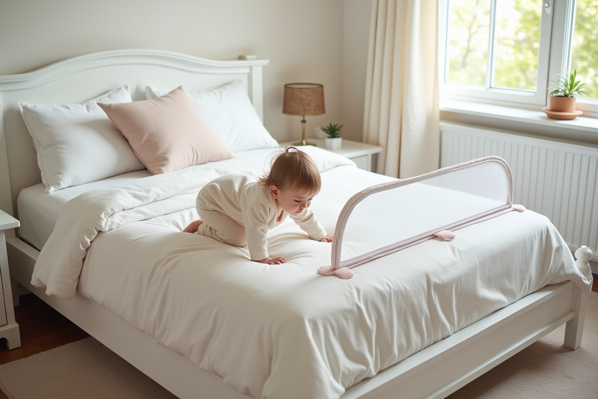 Jeune fille en sac de couchage explore un lit sécurisé