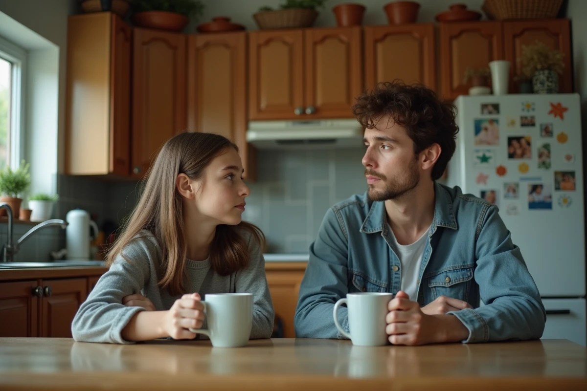 Fille adolescente et homme en cuisine partageant un moment calme
