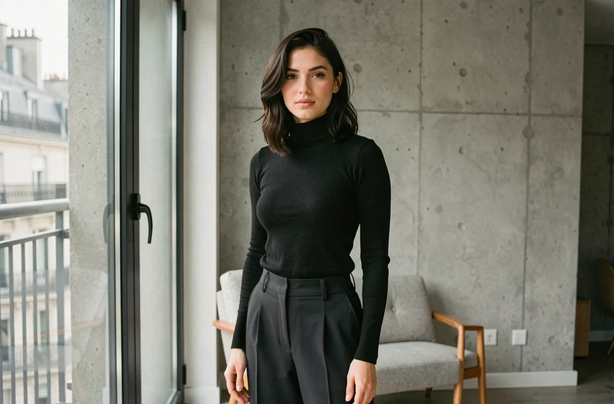 Jeune femme élégante en tenue noire dans un appartement moderne parisien, style éditorial
