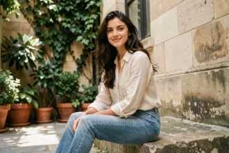 Jeune femme brune souriante assise dans une cour parisienne, portrait éditorial naturel