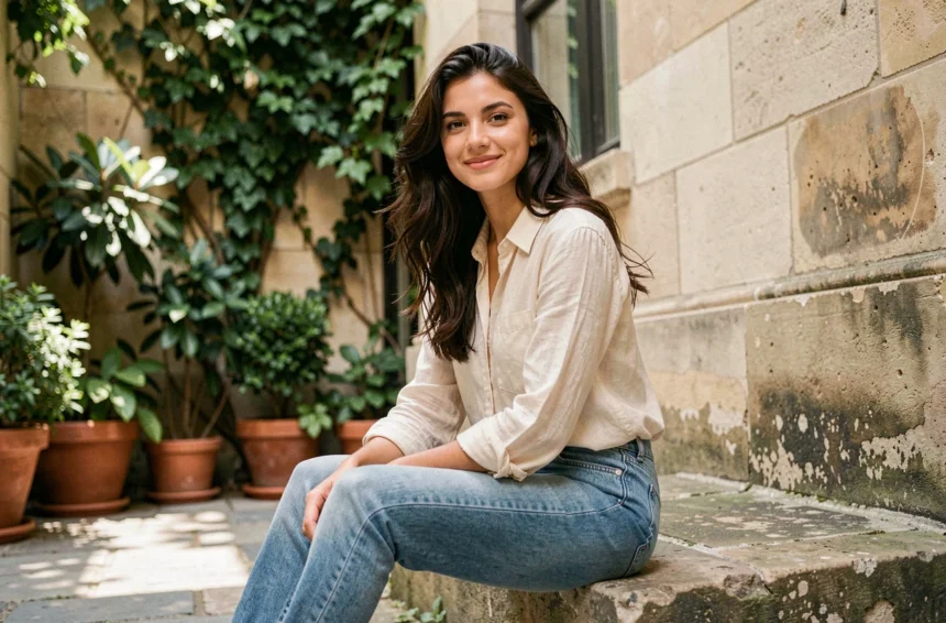 Jeune femme brune souriante assise dans une cour parisienne, portrait éditorial naturel