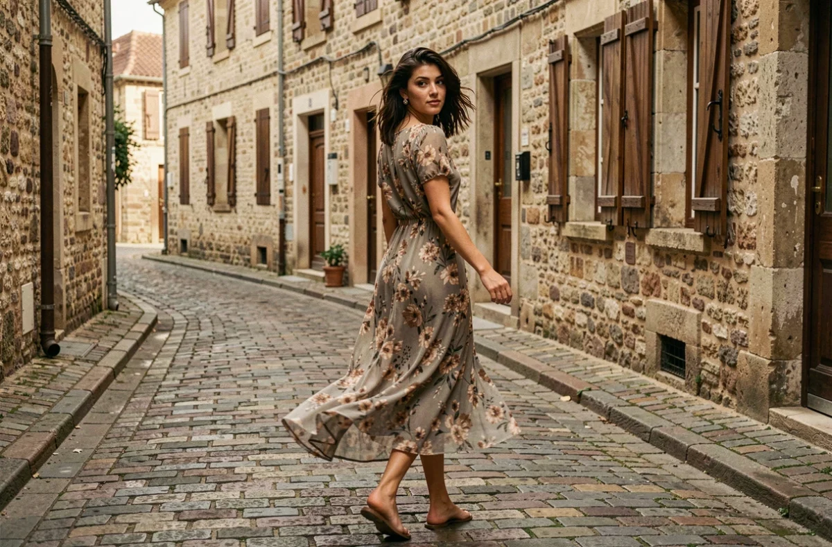 Jeune femme en robe fleurie marchant dans une rue pavée d'un village français, style magazine
