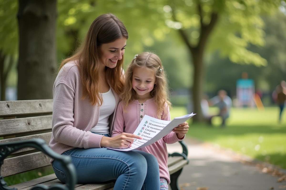 Jeune fille et sa marraine regardant la liste des 10 commandements dans un parc
