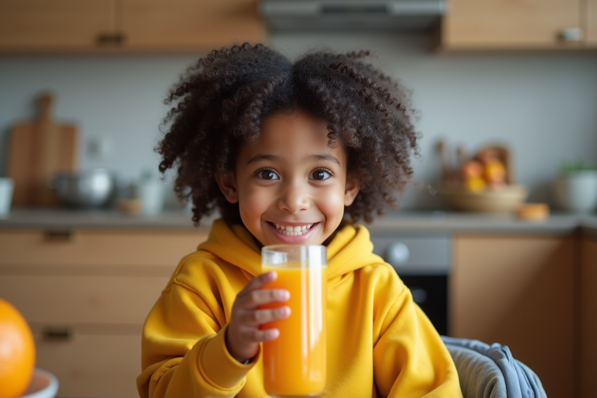 Fille de 7 ans buvant un jus d