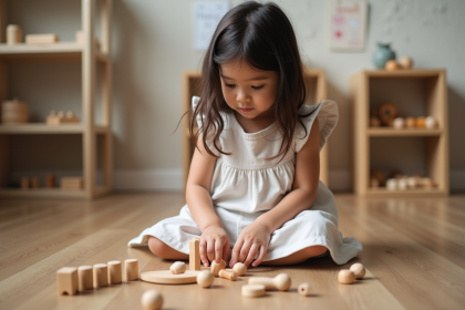 Petite fille curieuse arrangeant des matériaux Montessori