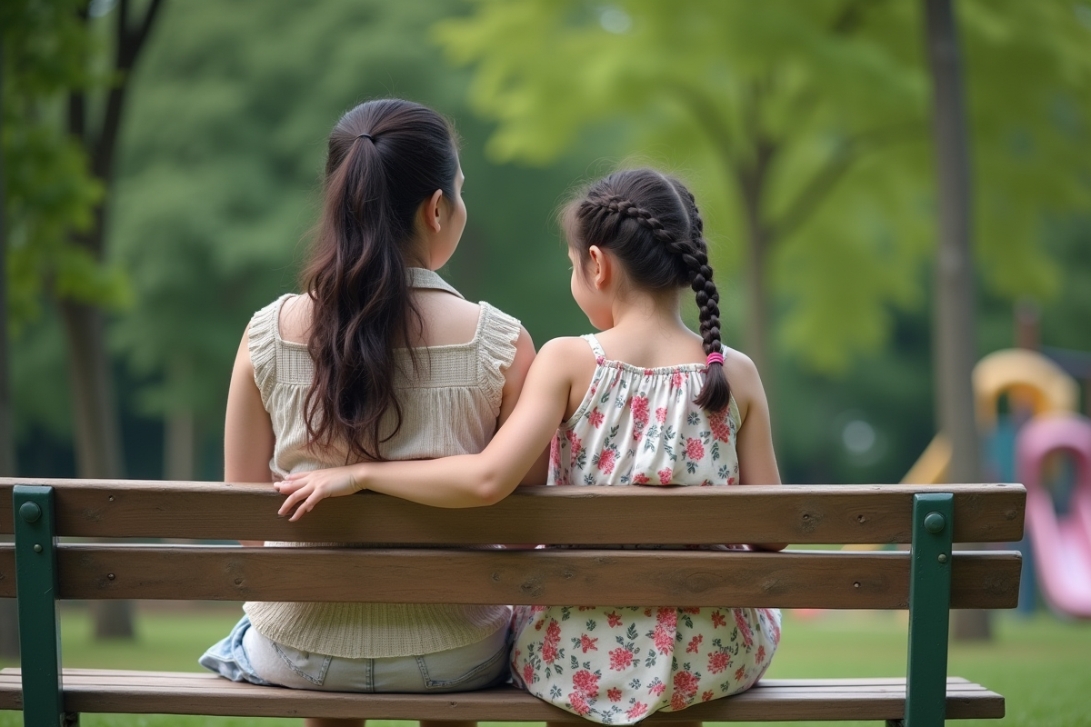 Fille de 10 ans avec sa mère dans un parc vert