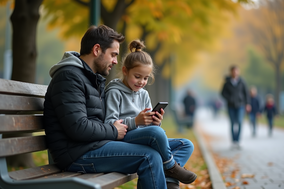 Fille assise sur un banc de parc avec son père attentif