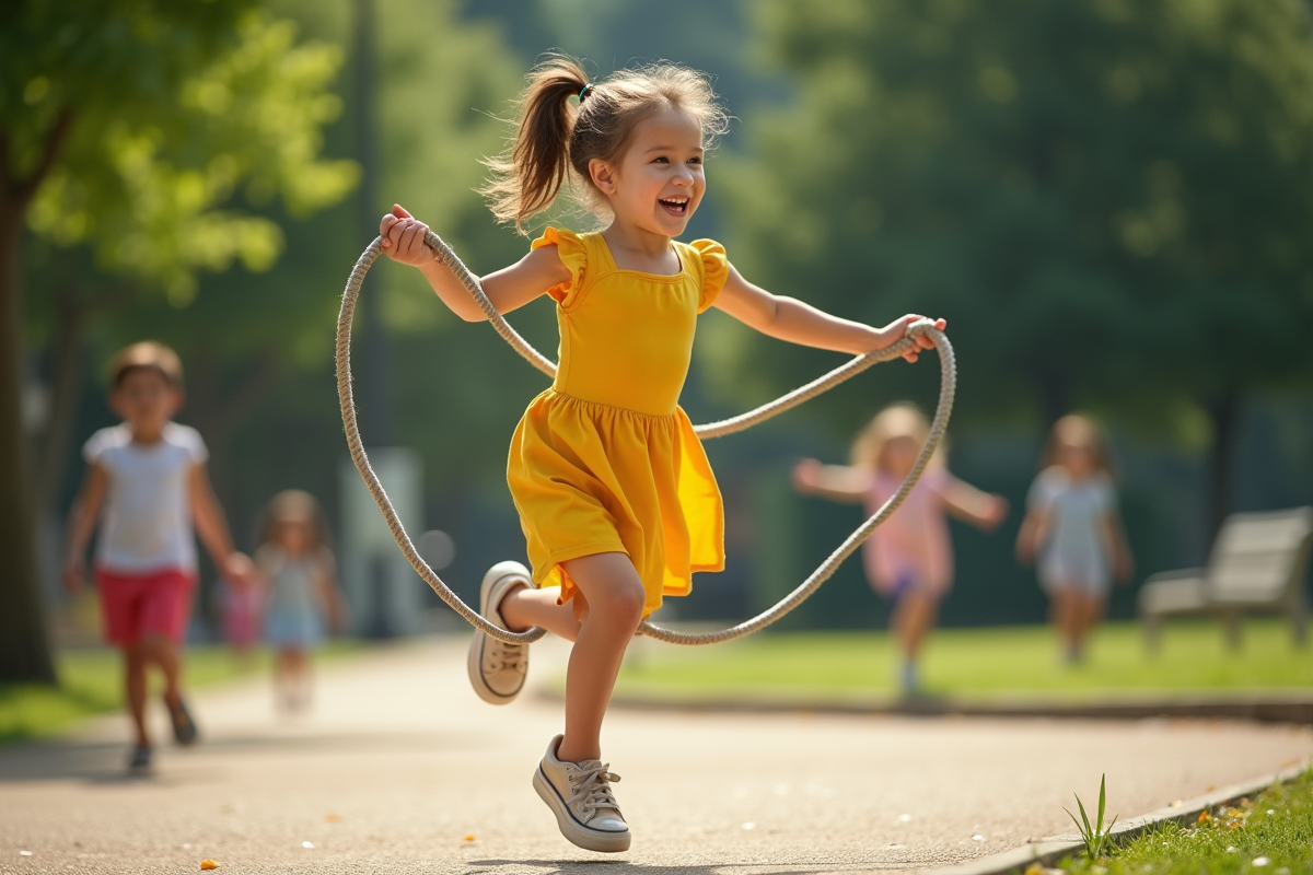 Jeune fille en robe jaune saute à la corde dans un parc en plein air