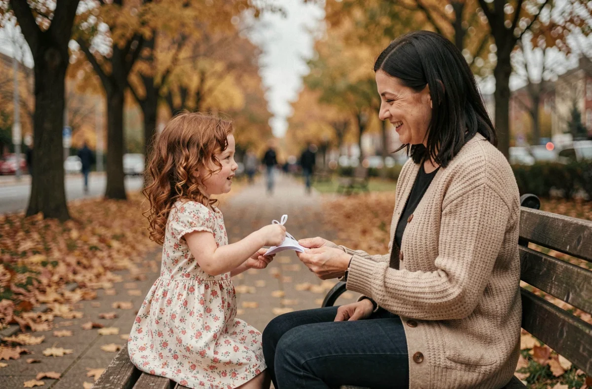 Fillette offrant un poème écrit à la main à sa marraine dans un parc en automne