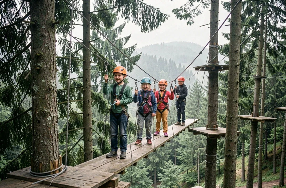 Famille en parcours aventure dans les arbres à la Forêt d'Aventure Alsace de Drachenbronn avec tyroliennes et cordes
