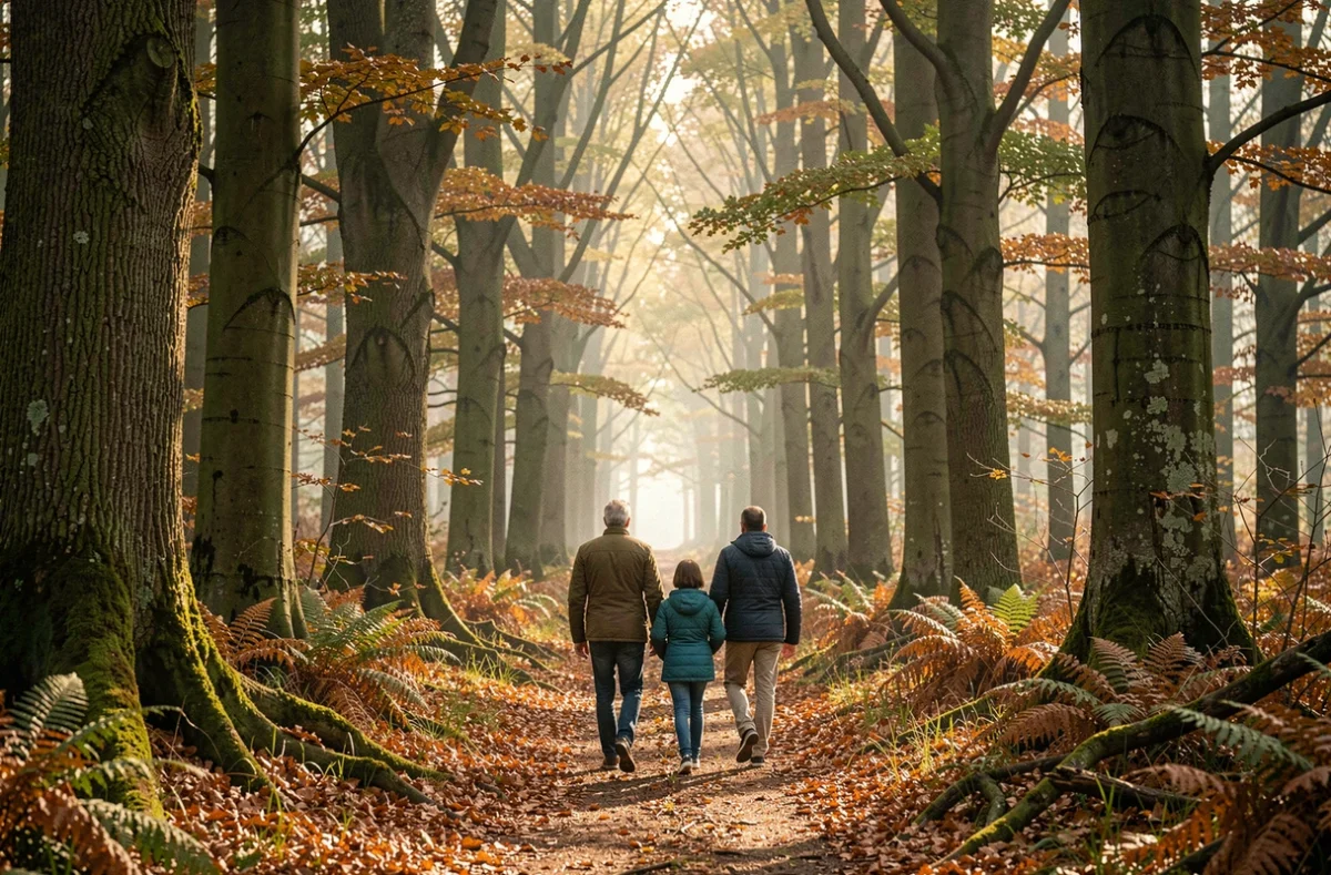 Famille en promenade dans la forêt de Montfiquet près de Bayeux en automne