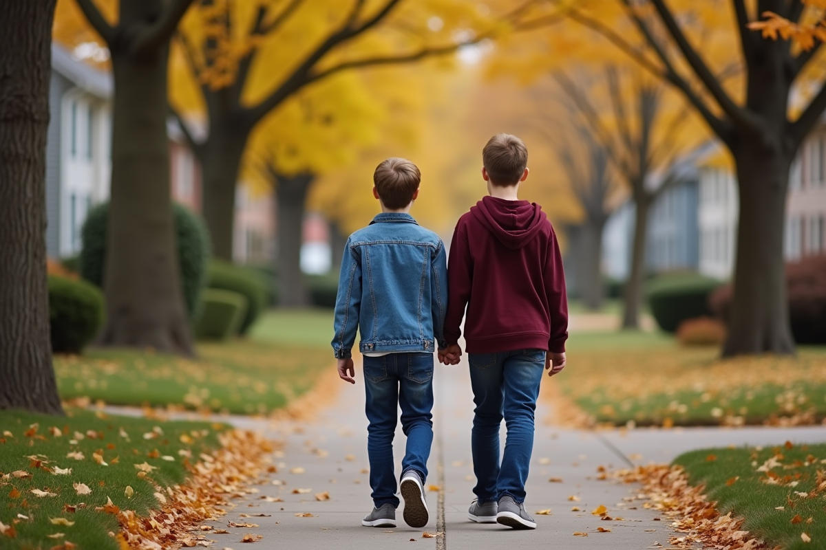 Deux adolescents marchant côte à côte dans la rue en automne