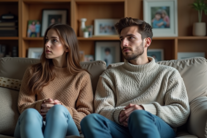 Deux freres adultes assis sur un canapé en famille