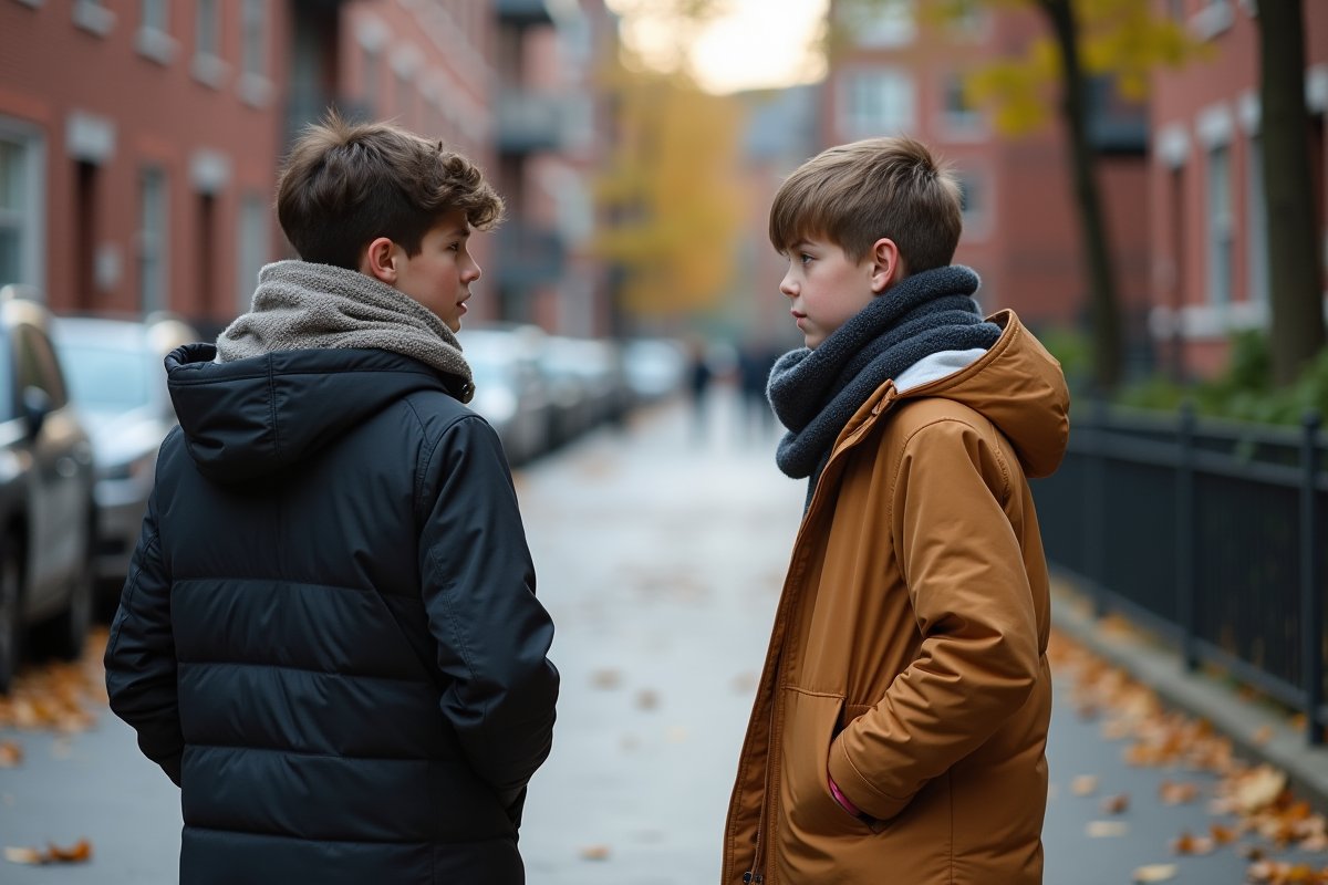 Deux adolescents séparés sur un trottoir urbain