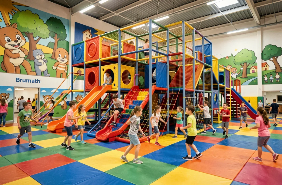Enfants jouant dans les structures gonflables et jeux du Fun Parc Brumath, centre de loisirs intérieur en Alsace