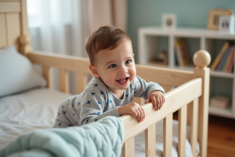 Bébé garçon curieux dans un lit avec barrière en bois