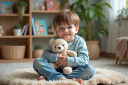 Garçon de 7 ans avec doudou dans un salon cosy