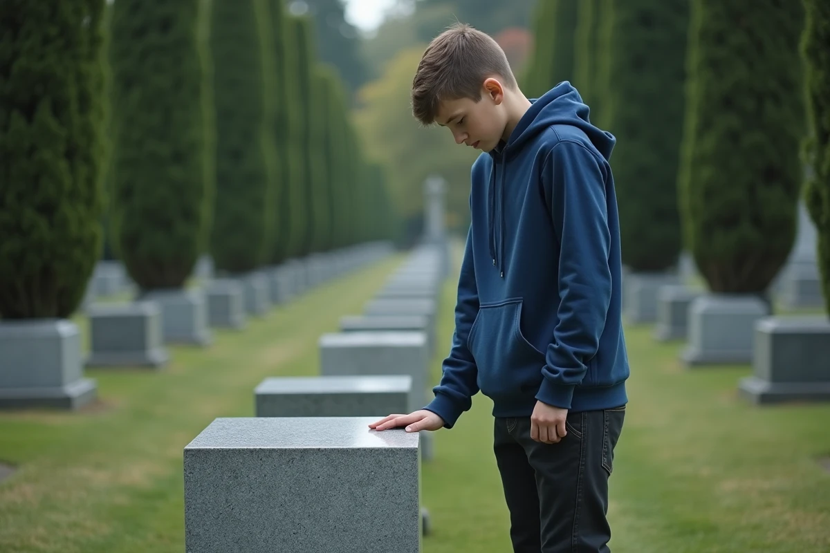 Jeune garçon dans un cimetière en réflexion