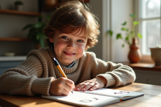 Jeune garçon souriant écrit la lettre L dans un cahier