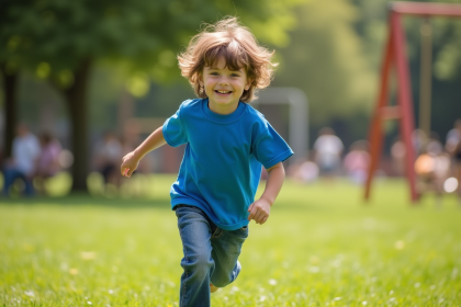 Garçon de 8 ans courant dans un parc verdoyant