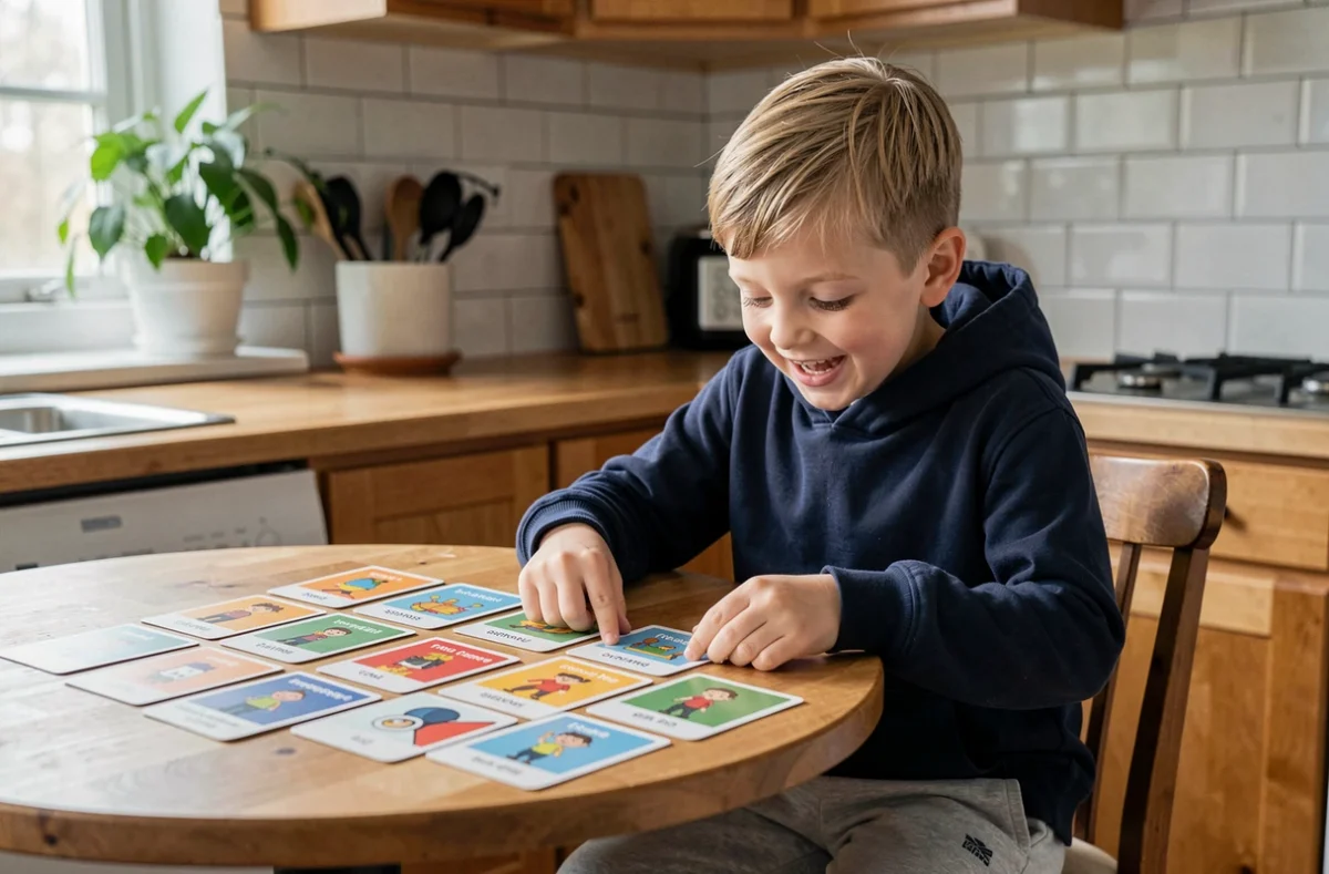 Garçon jouant à un jeu de devinettes bilingue français-anglais sur une table en bois dans une cuisine familiale