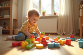 Garçon de 3 ans jouant avec des blocs colorés en lumière naturelle