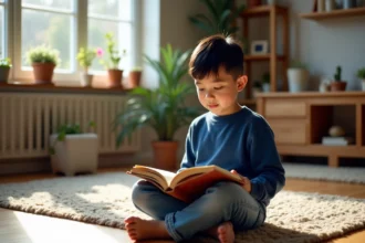 Jeune garçon lisant un livre dans un salon chaleureux