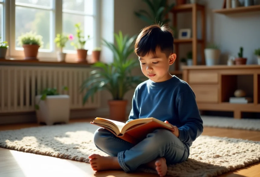Jeune garçon lisant un livre dans un salon chaleureux