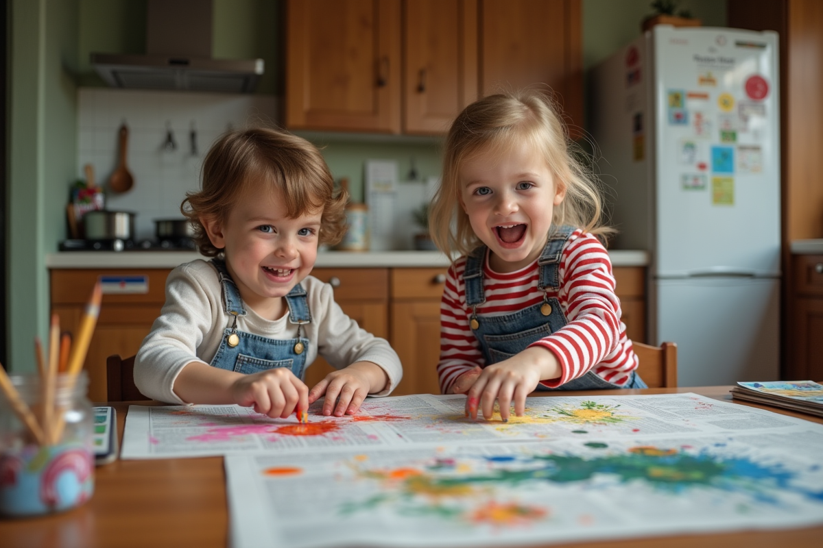 Un garçon et une fille peignant dans une cuisine chaleureuse et colorée
