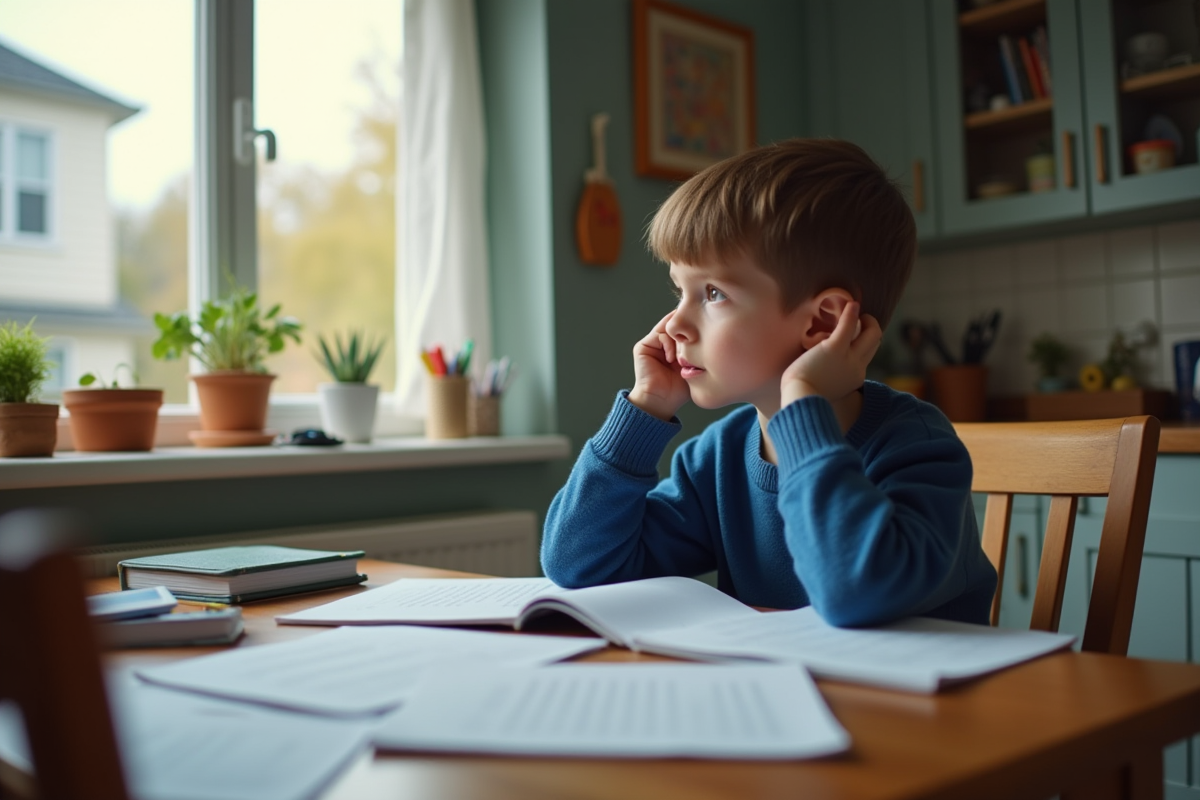 Garçon pensif en classe à la maison avec livres ouverts