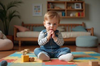 Jeune garçon pensive assis sur un tapis coloré