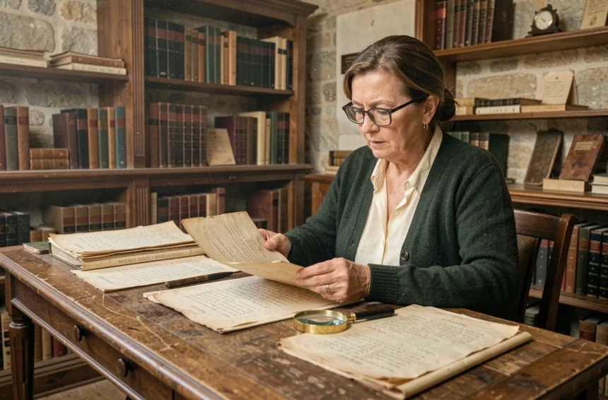 Femme consultant de vieux registres paroissiaux dans une salle d'archives provinciale française pour retracer une généalogie avant la Révolution