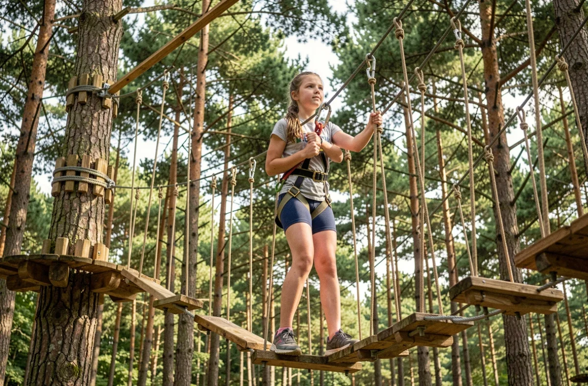 Jeune fille en harnais traversant un pont de corde en hauteur dans les arbres à Glaz Aventures