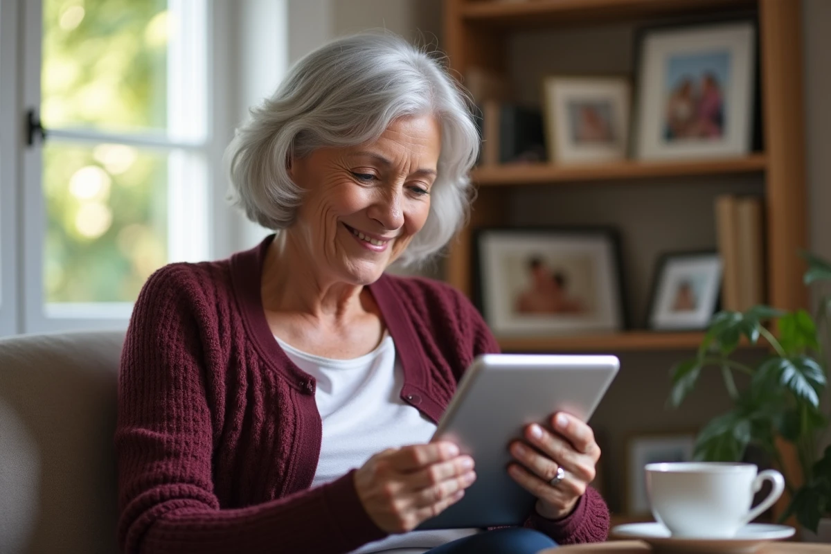 Grand-mère consultant une liste de naissance sur tablette dans un salon familial confortable