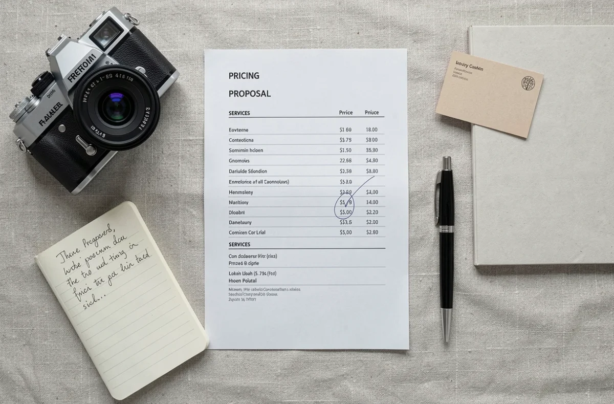 Vue aérienne d'une proposition tarifaire de photographe avec matériel photo et notes manuscrites sur un bureau