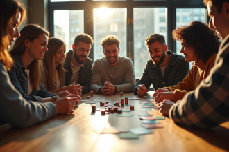 Groupe d'amis jouant à un jeu de société moderne