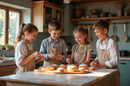 Enfants souriants décorant des pâtisseries dans une cuisine chaleureuse
