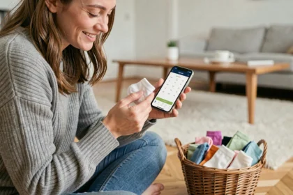 Maman tenant une chaussette bébé à côté de son smartphone affichant un guide des tailles, assise sur un parquet en bois dans un salon scandinave