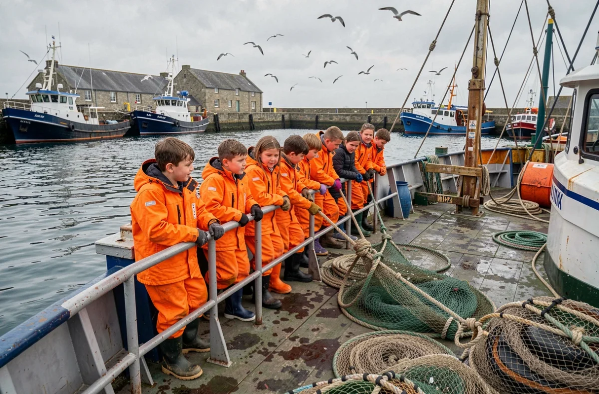 Enfants et adultes en ciré orange observant les filets de pêche à bord d'un chalutier à Haliotika, Le Guilvinec