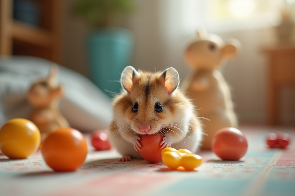 Hamster russe explorant des jouets en bois colorés dans une chambre lumineuse
