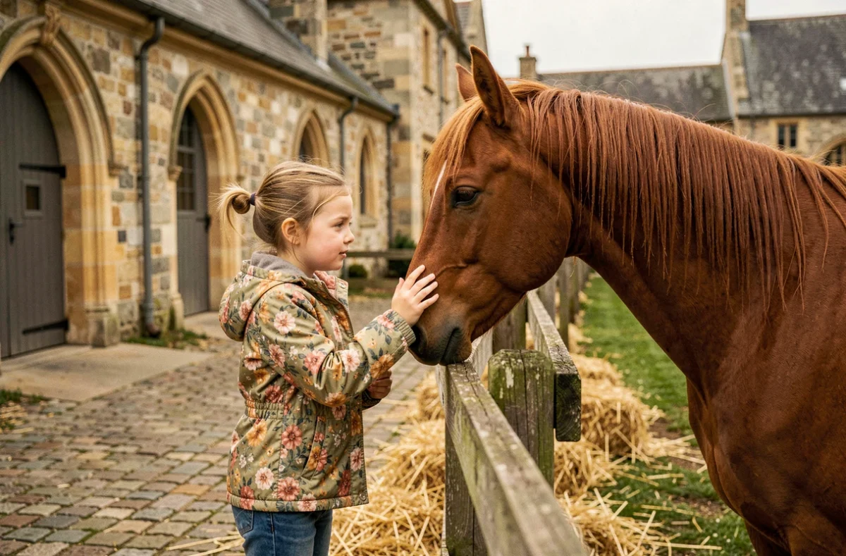 Petite fille caressant un cheval au Haras national du Pin en Normandie