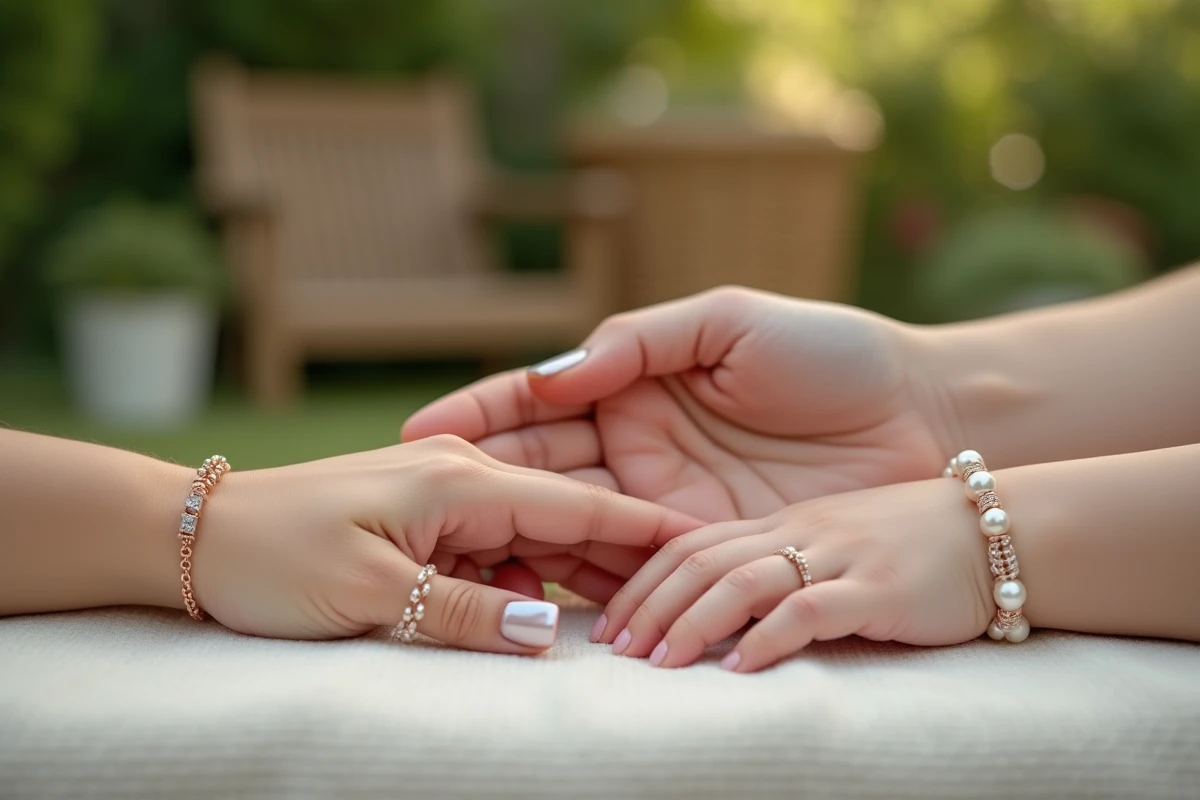 Main de maman avec bracelet pierre de naissance et petite main de bébé avec bracelet perle en harmonie
