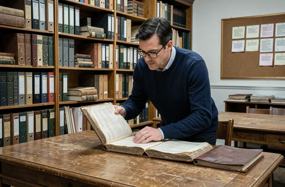 Homme consultant un registre paroissial ancien dans une salle d'archives publiques pour rechercher ses ancêtres