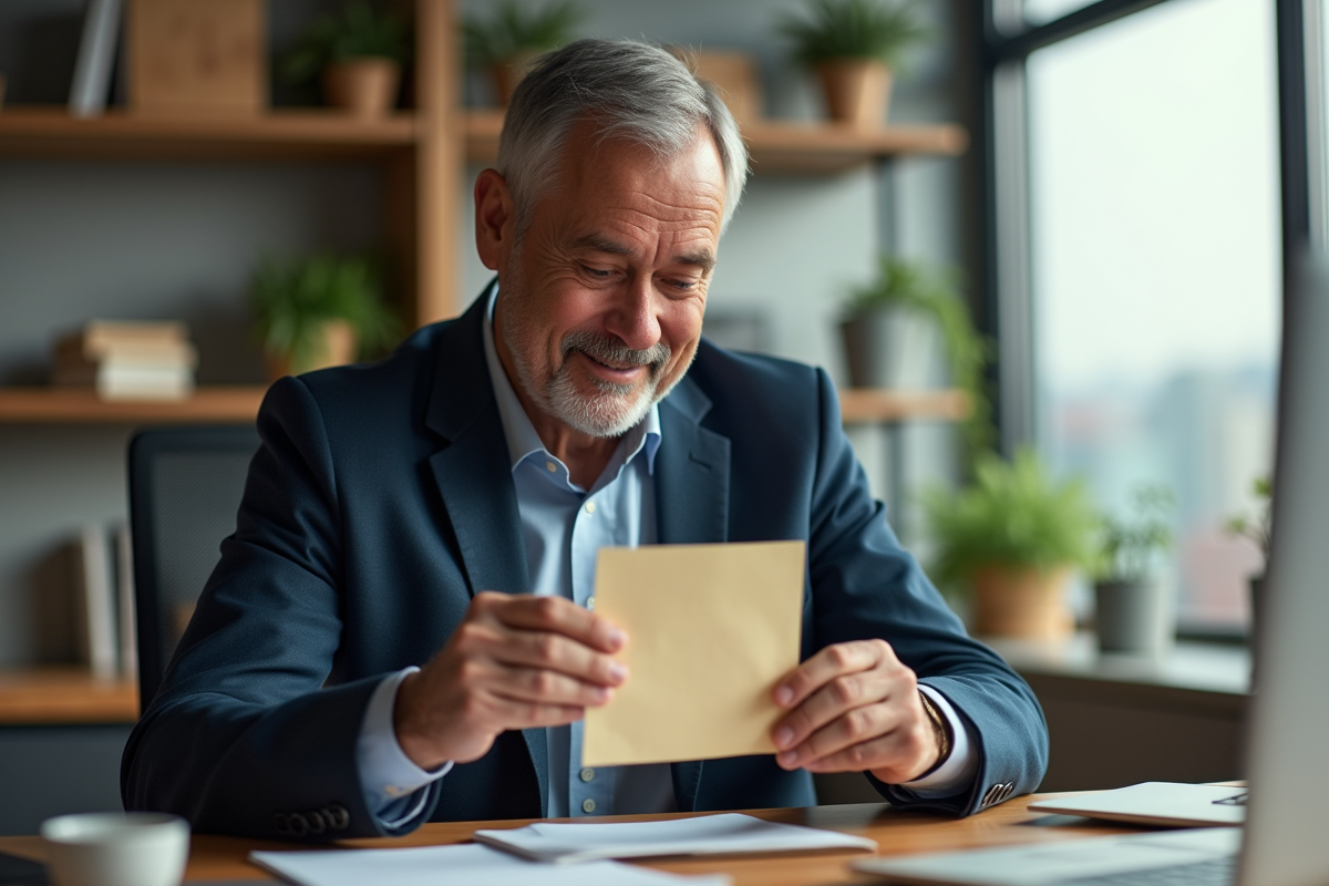 Homme surpris découvrant une note dans son bureau