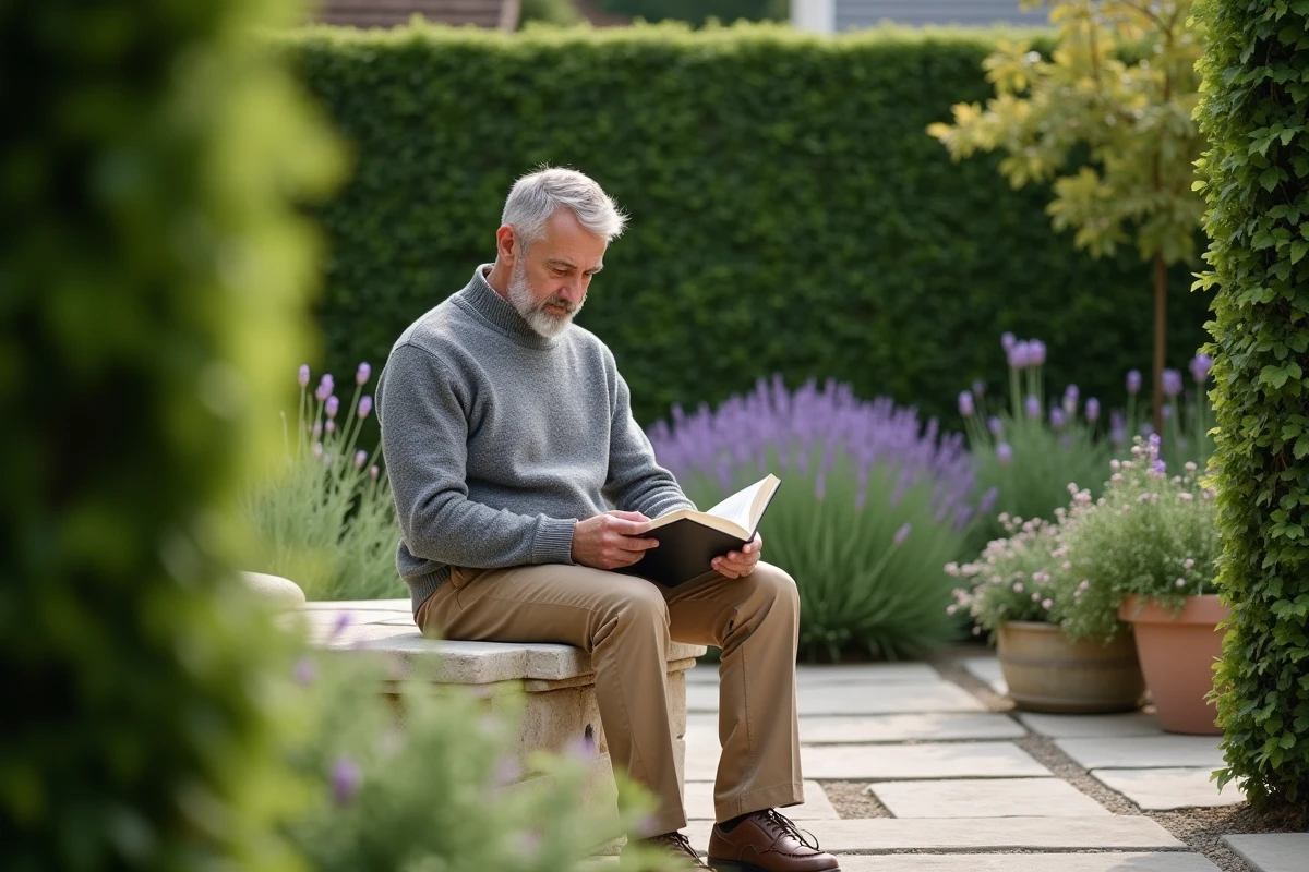 Un homme se ressourçant dans son jardin privé, symbolisant la protection de la sphère familiale et de l'intimité