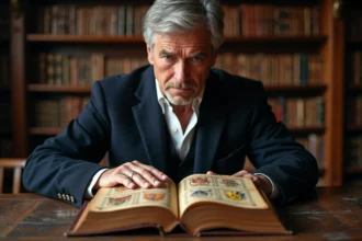Homme examinant un livre d'héraldique ancien avec des armoiries peintes à la main dans une bibliothèque traditionnelle