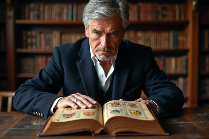 Homme examinant un livre d'héraldique ancien avec des armoiries peintes à la main dans une bibliothèque traditionnelle