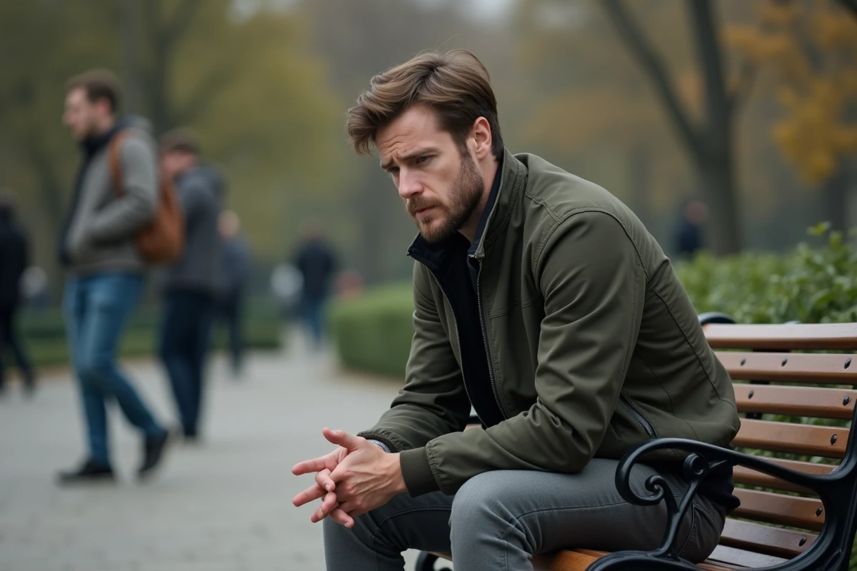 Homme pensif sur un banc public illustrant la vulnérabilité de la vie privée exposée