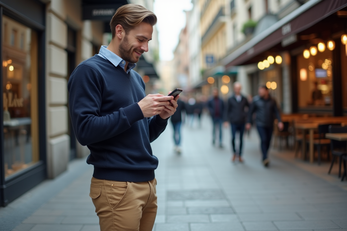 Jeune homme envoyant un message dans une rue urbaine